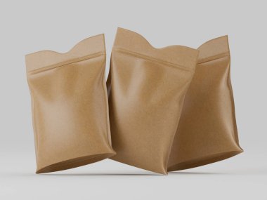 Sade arka planda üç tane nötr renkli, mühürlü çanta sergileniyor. Çantalarda desenli bir yüzey ve ince rötuşlar var. Bu da stüdyo ortamını gösteriyor. Tasarım, kolayca yeniden mühürlenebilen bir özelliği gösteren kıvrımlı bir üst içerir. T