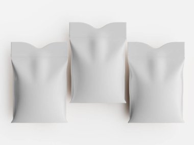 Üç boş, açık gri, kağıt ya da plastik poşet parlak beyaz bir arkaplanda sergileniyor. Torbaların biraz buruşuk ya da buruşuk bir dokusu var, ve şekilleri benzer, katlanmış bir üstü var. Stüdyonun genel gideri...