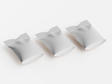 Açık gri, keseye benzer yiyecek ambalajları parlak beyaz arka planda yatay sırada dizilir. Keseler biraz buruşuk bir dokuyla mühürlenmiş gibi görünüyor ve basit tasarımları onları çeşitli yiyecekler için uygun hale getiriyor.