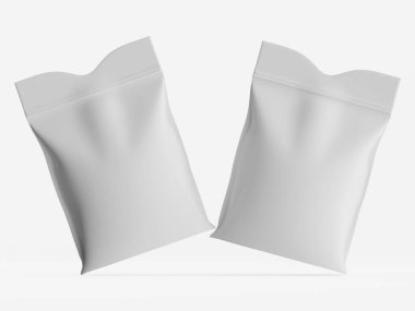 Temiz beyaz arka planda iki boş beyaz kese sunuluyor. Keseler yumuşak bir maddeden yapılmış gibi görünüyor ve en üste kapatılmış. Işık eşit ve şekli tanımlayan ince gölgeler yaratıyor. Kompozisyon i üzerine odaklanır.