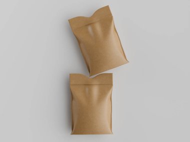 Açık kahverengi kağıttan iki yiyecek kesesi açık gri arka planda sunuluyor. Keselilerin basit, minimalist bir tasarımı var. Pürüzsüz yüzey dokuları zarif ve modern bir ambalaj tarzını işaret ediyor. Genel görünüm ve nötr arkaplan c