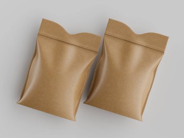 Tarafsız gri arka planda iki açık kahverengimsi kağıt poşet sergileniyor. Poşetler pürüzsüz ve hafif parlak bir dokusu var. Bu da modern bir tarzı işaret ediyor. Şekil ve boyut olarak benzerler ve hafif açılı bir Mann 'da konumlanmışlardır.