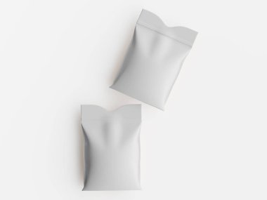 Sade ve parlak bir arkaplanda iki paket gösteriliyor. Paketler açık gri renkte ve kapalı torbalar ya da keseler gibi görünüyor. Şekiller yumuşak ve yuvarlaktır, üstü belirgin bir şekilde kapanır. Aydınlatma parlak ve eşit dağılmış.