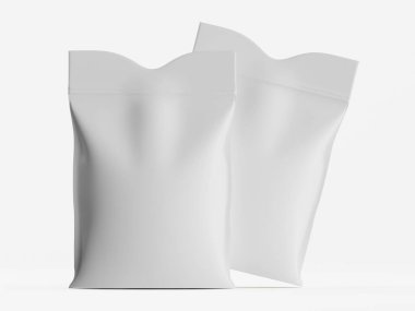 Beyaz arka planda iki boş, açık gri plastik torba sergileniyor. Torbaların biraz buruşuk, esnek bir dokusu var ve dikey olarak yönlendiriliyorlar. Aydınlatma düzgün ve parlak, belirgin bir gölge bırakmıyor. Çantaların niyeti belli.