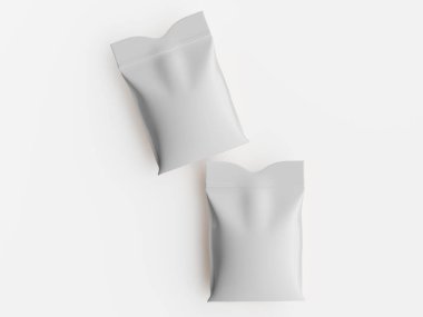 Temiz, parlak beyaz bir arkaplan karşısında iki adet genel boş kese sunuluyor. Keseler yumuşak, hatta aydınlatma ile tasvir edilir, pürüzsüz bir doku ve nötr renk paleti sergilenir. Kompozisyon yüksek açılı bir perspektif sunar, bir cl sunar