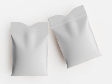 Bu resimde iki boş kese var. Kese düz, mat bir dokuya sahiptir ve nötr, monokromatik bir renk paletinde tasvir edilir. Kompozisyon, temiz beyaz bir arkaplan karşısında basit bir genel görünüm içerir, bir atmosfer oluşturur 