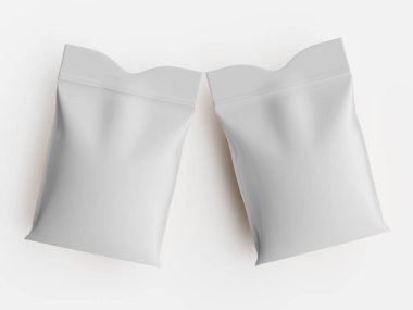 Bu resim düz beyaz bir arkaplan karşısında iki benzer paket sunar. Paketler, hafif gölgeler ve röfleler yaratan, temiz bir katkı sağlayan, yumuşak ışıklandırmalı nötr bir renk paleti sergiliyorlar.,