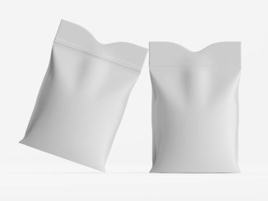 Düz bir zemine karşı iki boş, beyaz paket torbası sergileniyor. Poşetler yumuşak, mat bir dokuya sahip ve tasarımı minimalist. Işıklandırma stüdyo ortamını gösteriyor. Çantalar ürün modelleri ve sunumlar için uygun.