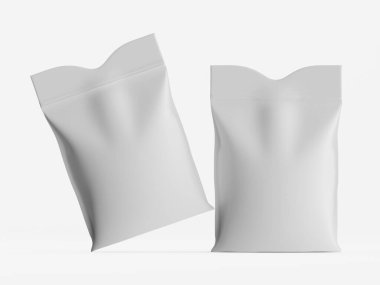 Parlak beyaz bir fonda iki boş paket torbası tasvir edilir. Kese ayakta duruyor, biri hafifçe eğik, ve en üste kapatılmış gibi görünüyor. Kesedeki kumaş hafif bir parıltı gösteriyor. Aydınlatma dağıtıldı, Cre.