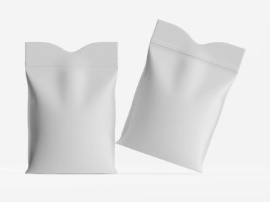 Temiz ve tarafsız bir arkaplanda iki boş beyaz kese sergileniyor. En üste kapatılmış keseler, basit ve modern bir tasarım sunuyor. Işıklandırma yumuşak ve pürüzsüz yüzeyleri ve dokuları vurguluyor. Kompozisyon çok açık.