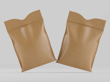 Tarafsız bir arkaplana karşı iki kahverengi kese kağıdı sunuluyor, her biri benzer şekil ve tasarım gösteriyor. Poşetlerde mat bir kaplama ve hafif yansıtıcı bir yüzey var. Bu da mühürlü ya da potansiyel olarak bir ürün içerdiğini gösteriyor. Kompoziti.