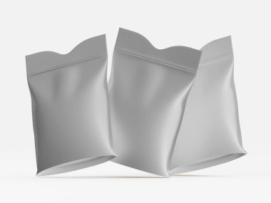 İki adet açık gri, esnek, kesekağıdı tarzı paketleme torbası dijital olarak hazırlanmış, yüksek açılı görüntüde gösteriliyor. Poşetler parlak ve pürüzsüz, biraz buruşuk ya da kabartmalı yüzey dokusu var. Çantalar yemek veya diğer tüketiciler için tasarlanmış gibi görünüyor. 