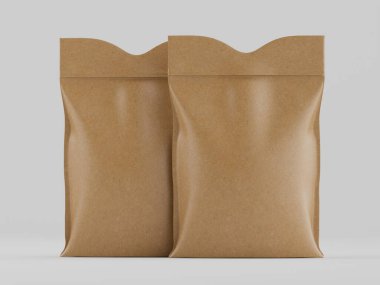 Bu resimde tarafsız bir arkaplanda iki kese var. Kese kahverengi renkli, basit ve temiz bir tasarım sergiliyor. Işıklandırma kağıdın pürüzsüz dokusunu vurguluyor. Kompozisyon basit bir kompozisyon kullanır., 