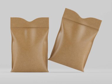 Açık kahverengimsi-bej renkli paket poşetleri, kapalı bir odada, tarafsız gri bir arkaplanda tasvir edilir. Poşetler açık ve hafifçe havada duruyor. Bu da 3 boyutlu bir görüntüleme olduğunu gösteriyor. Çantalar pürüzsüz, sli