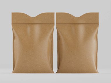 Tarafsız gri bir arkaplanda birbirine tıpatıp benzeyen iki açık kahverengi kese kağıdı gösteriliyor. Çantalar pürüzsüz, hafif parlak bir maddeden yapılmış gibi görünüyor. Çantalar simetrik olarak yerleştirilmiş, ve ortada olmayan, tek bir ışık kaynağı var. 