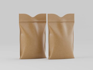 Bu resim düz bir arkaplan karşısında dikey odaklı iki kese sunar. Keseler, sıcak kahverengi renkte sergilenen bir mat kağıdından yapılmış. Işıklandırma yumuşak ve düzgün görünüyor. Bu da stüdyoya kurulduğunu gösteriyor. Bununla tasarlandılar. 