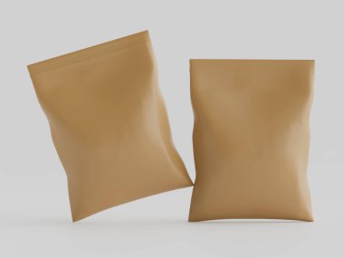 Atıştırmalık için kağıt kraft paketlemesi Gri arkaplanda izole edilmiş 3d çizim çizimi