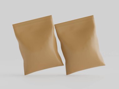 Atıştırmalık için kağıt kraft paketlemesi Gri arkaplanda izole edilmiş 3d çizim çizimi