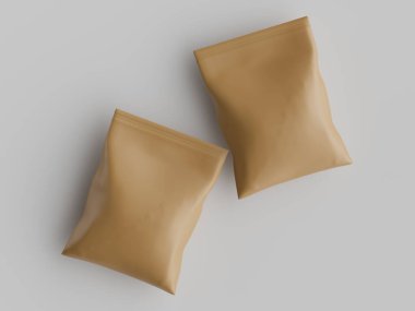 Atıştırmalık için kağıt kraft paketlemesi Gri arkaplanda izole edilmiş 3d çizim çizimi