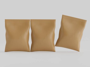 Atıştırmalık için kağıt kraft paketlemesi Gri arkaplanda izole edilmiş 3d çizim çizimi