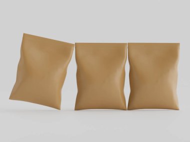 Atıştırmalık için kağıt kraft paketlemesi Gri arkaplanda izole edilmiş 3d çizim çizimi