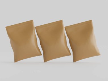 Atıştırmalık için kağıt kraft paketlemesi Gri arkaplanda izole edilmiş 3d çizim çizimi