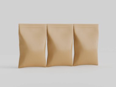Atıştırmalık için kağıt kraft paketlemesi Gri arkaplanda izole edilmiş 3d çizim çizimi