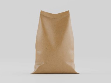 Çuval ambalajlama kahverengi renk 3d resim çizimi gri arkaplan üzerinde izole