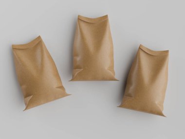 Çuval ambalajlama kahverengi renk 3d resim çizimi gri arkaplan üzerinde izole