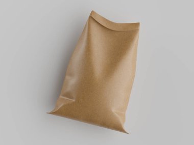 Çuval ambalajlama kahverengi renk 3d resim çizimi gri arkaplan üzerinde izole