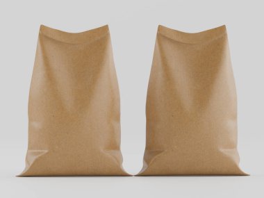 Çuval ambalajlama kahverengi renk 3d resim çizimi gri arkaplan üzerinde izole