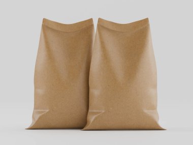 Çuval ambalajlama kahverengi renk 3d resim çizimi gri arkaplan üzerinde izole