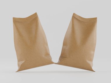 Çuval ambalajlama kahverengi renk 3d resim çizimi gri arkaplan üzerinde izole