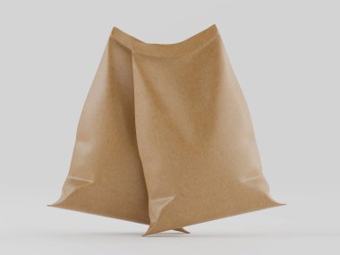 Çuval ambalajlama kahverengi renk 3d resim çizimi gri arkaplan üzerinde izole