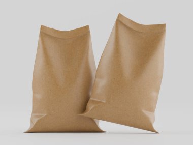 Çuval ambalajlama kahverengi renk 3d resim çizimi gri arkaplan üzerinde izole