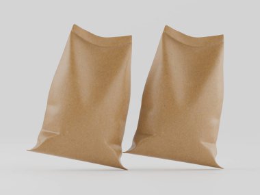 Çuval ambalajlama kahverengi renk 3d resim çizimi gri arkaplan üzerinde izole