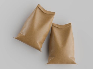 Çuval ambalajlama kahverengi renk 3d resim çizimi gri arkaplan üzerinde izole