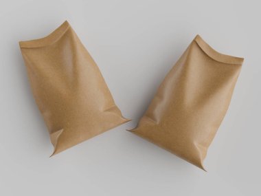 Çuval ambalajlama kahverengi renk 3d resim çizimi gri arkaplan üzerinde izole