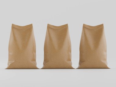 Çuval ambalajlama kahverengi renk 3d resim çizimi gri arkaplan üzerinde izole