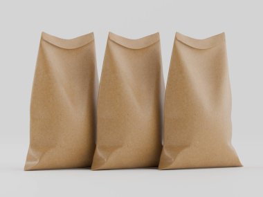 Çuval ambalajlama kahverengi renk 3d resim çizimi gri arkaplan üzerinde izole