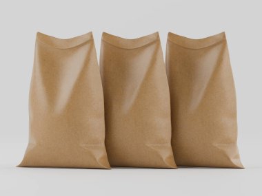 Çuval ambalajlama kahverengi renk 3d resim çizimi gri arkaplan üzerinde izole