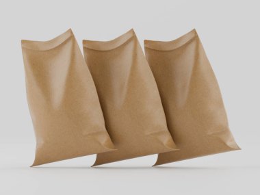 Çuval ambalajlama kahverengi renk 3d resim çizimi gri arkaplan üzerinde izole