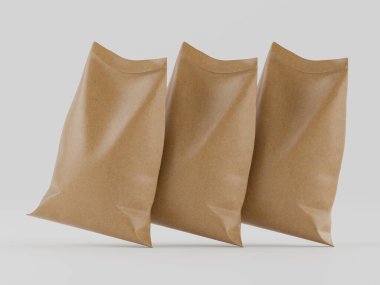 Çuval ambalajlama kahverengi renk 3d resim çizimi gri arkaplan üzerinde izole