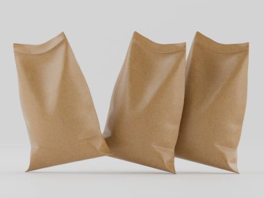 Çuval ambalajlama kahverengi renk 3d resim çizimi gri arkaplan üzerinde izole