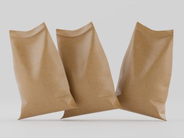 Çuval ambalajlama kahverengi renk 3d resim çizimi gri arkaplan üzerinde izole