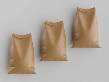 Çuval ambalajlama kahverengi renk 3d resim çizimi gri arkaplan üzerinde izole