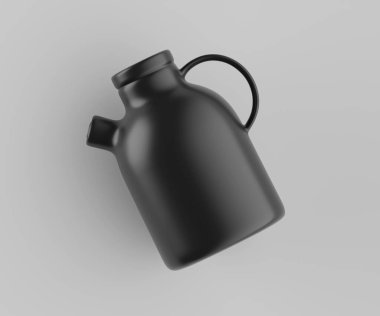 Modern minimalist bir tasarıma sahip gösterişli, mat siyah bir seramik sürahi. Yumuşak kıvrımlı silindirik bir gövdesi, sağlam bir sapı ve kendine özgü açılı bir çıkıntısı vardır.