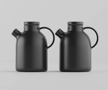 Modern minimalist bir tasarıma sahip gösterişli, mat siyah bir seramik sürahi. Yumuşak kıvrımlı silindirik bir gövdesi, sağlam bir sapı ve kendine özgü açılı bir çıkıntısı vardır.