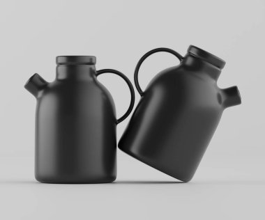 Modern minimalist bir tasarıma sahip gösterişli, mat siyah bir seramik sürahi. Yumuşak kıvrımlı silindirik bir gövdesi, sağlam bir sapı ve kendine özgü açılı bir çıkıntısı vardır.
