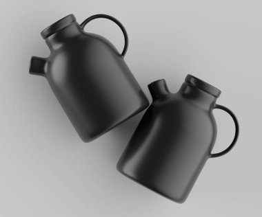 Modern minimalist bir tasarıma sahip gösterişli, mat siyah bir seramik sürahi. Yumuşak kıvrımlı silindirik bir gövdesi, sağlam bir sapı ve kendine özgü açılı bir çıkıntısı vardır.